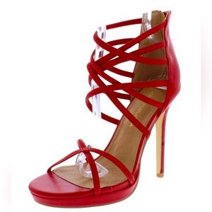 Red Vegan Leather Strappy Lace Up High Heel Sandals